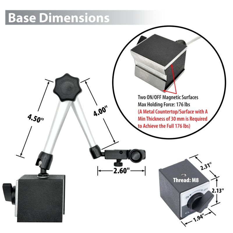 Clockwise Tools Magnetic Base, MGBR-01, Magnetic Stand for Digital Dial Indicators, 176lbs Max Pull - Image 2